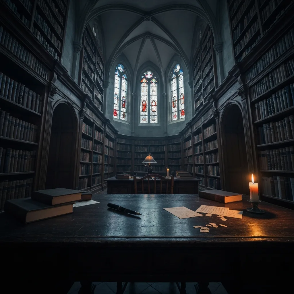 A moody, atmospheric library in an ancient university. Tall oak bookshelves filled with leather-bound books, dust motes dancing in the dim light filtering through stained glass windows, a dark wooden desk with scattered handwritten notes, a fountain pen, and a flickering candle.