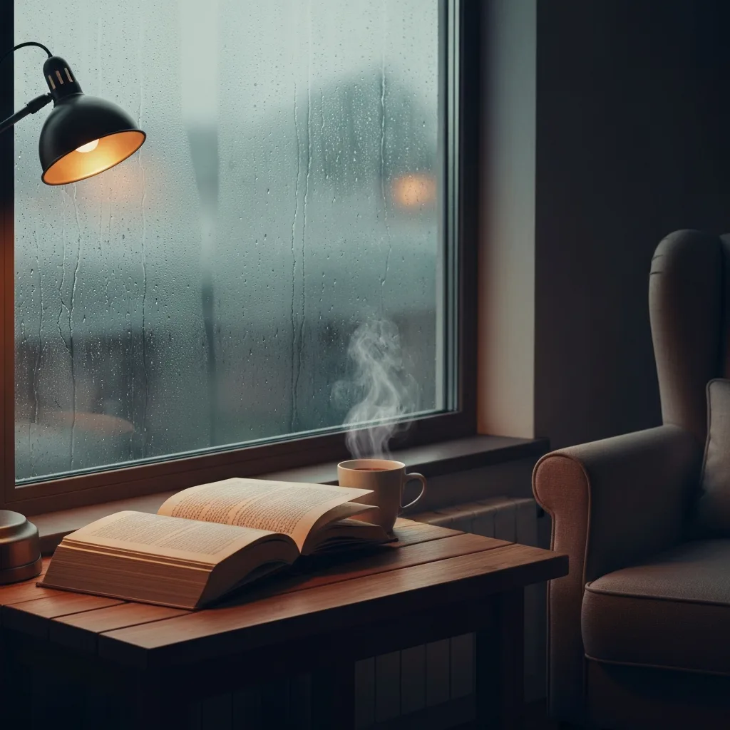 A cozy, atmospheric reading nook by a rainy window, an open novel resting on a wooden table next to a steaming cup of tea, glowing soft amber light, evoking a sense of deep emotional introspection and immersion in a story.