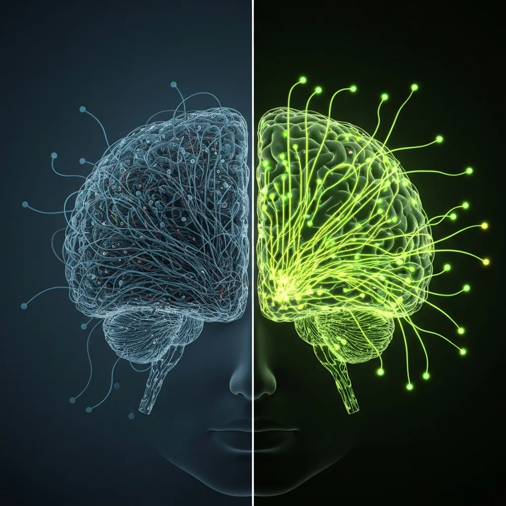 A split-screen illustration. On the left, a disorganized, cluttered brain filled with tangled wires. On the right, a clean, organized brain with glowing neural pathways, representing the cognitive benefits of a good night's sleep.