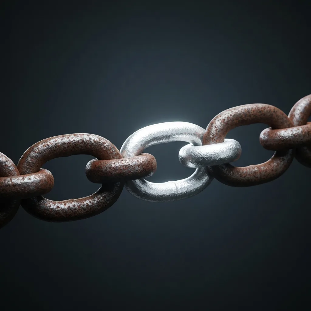 A macro photography shot of a heavy, rusted iron chain with one bright, newly forged glowing silver link in the center, symbolizing the rebuilding of self-trust and new habits. Cinematic lighting, dark moody background, highly detailed, 8k resolution.