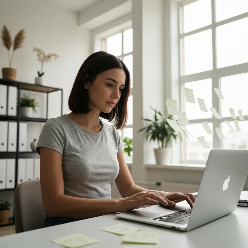 An overhead shot of a modern workspace. A person's hands are typing on a laptop keyboard, while dozens of semi-transparent, ghostly sticky notes float around the screen and desk, symbolizing invisible tasks pulling at their attention. Cinematic lighting, soft depth of field, photorealistic style.