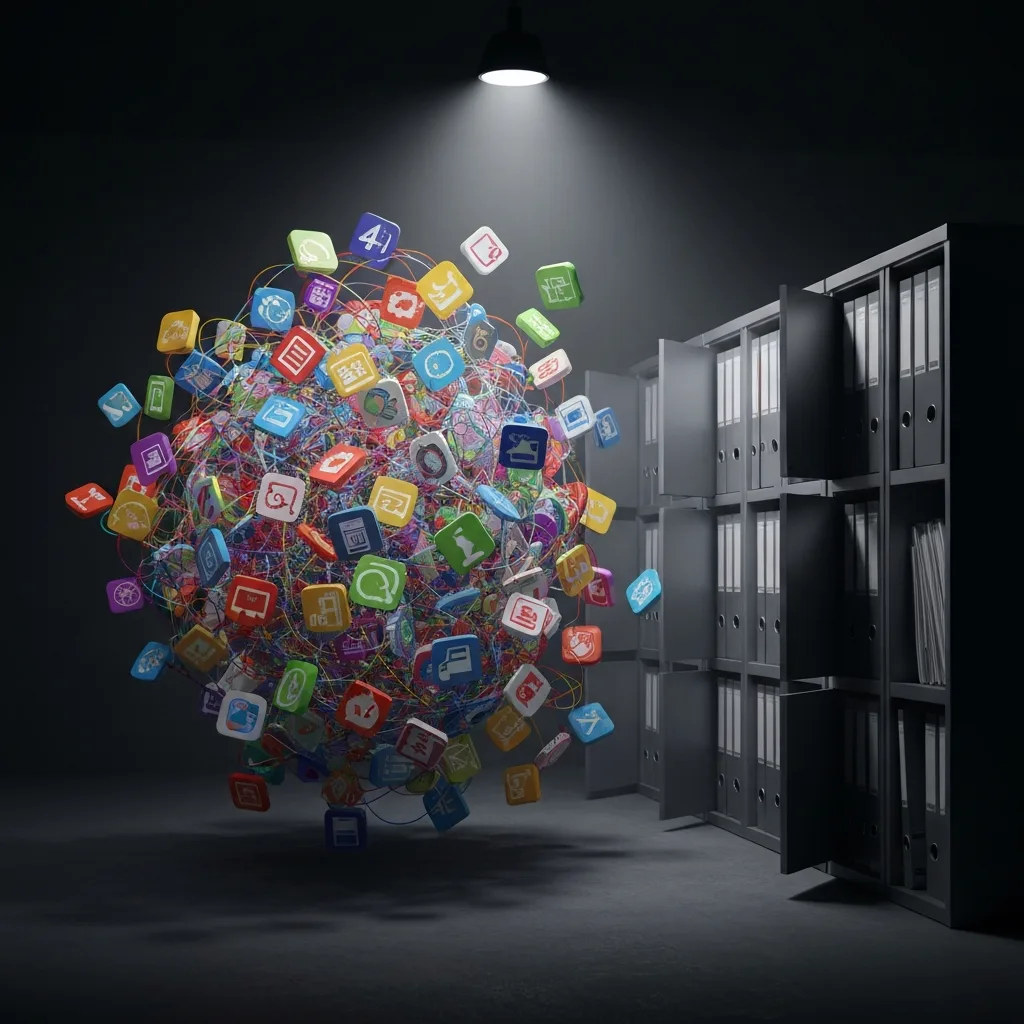 A complex, chaotic web of digital app icons floating and tangling together in a dark room, contrasting with a calm, organized set of physical filing cabinets in the background, conceptual 3D render, highly detailed.