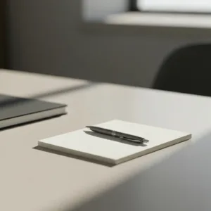 A minimalist, tidy desk with a single blank notepad and a sleek pen, bathed in soft natural morning light, conveying clarity and focus, photorealistic, high resolution, cinematic lighting.