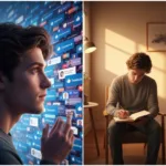A split visual showing a person looking at a glowing, chaotic wall of social media likes and applause on one side, and on the other side, the same person calmly writing in a journal in a quiet, warmly lit room. High contrast, cinematic lighting, photorealistic.