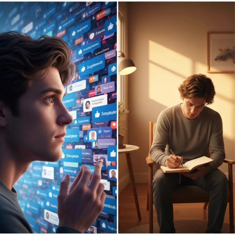 A split visual showing a person looking at a glowing, chaotic wall of social media likes and applause on one side, and on the other side, the same person calmly writing in a journal in a quiet, warmly lit room. High contrast, cinematic lighting, photorealistic.