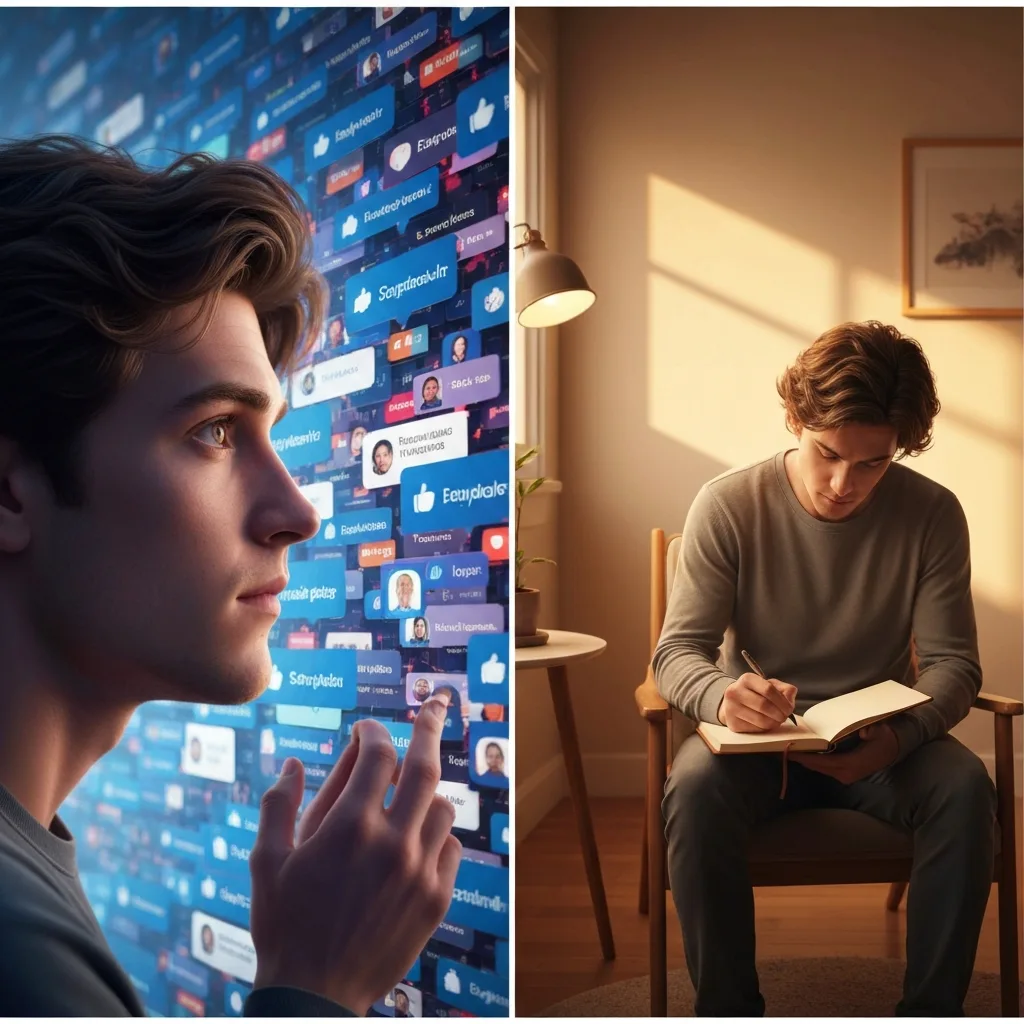 A split visual showing a person looking at a glowing, chaotic wall of social media likes and applause on one side, and on the other side, the same person calmly writing in a journal in a quiet, warmly lit room. High contrast, cinematic lighting, photorealistic.