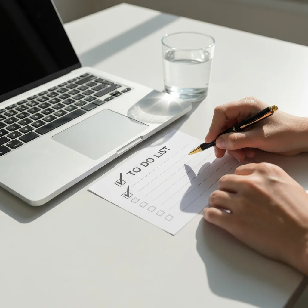 A clean, minimalist workspace bathed in bright, natural morning light. A person's hands are visible writing a finalized checkmark next to the last item on a physical to-do list with a premium pen. Beside the list is a sleek, closed silver laptop and a fresh glass of water. The atmosphere is calm, organized, and deeply satisfying, symbolizing the relief of closing mental loops.