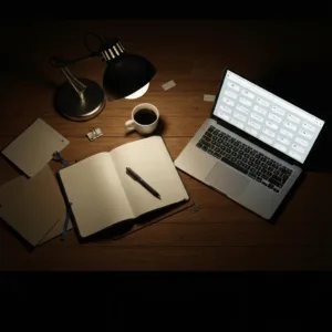 A cinematic, top-down shot of a cluttered wooden desk at night, illuminated by a single warm desk lamp. The desk is covered in half-finished tasks: an open notebook with a pen resting on it, a half-drank cup of coffee, and a laptop screen glowing with dozens of open browser tabs. The mood is slightly tense and overwhelming, representing the mental weight of open loops.