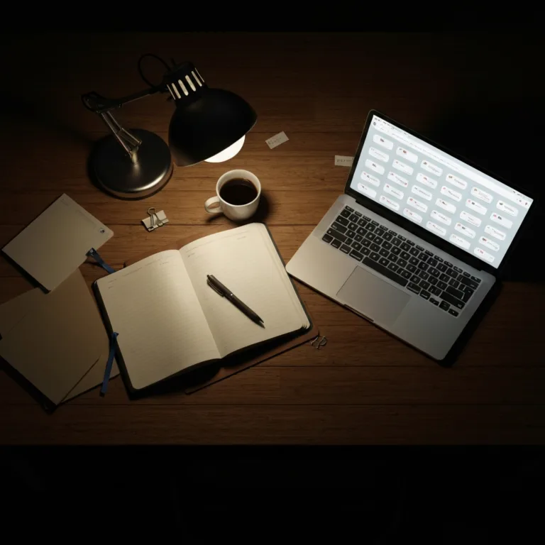 A cinematic, top-down shot of a cluttered wooden desk at night, illuminated by a single warm desk lamp. The desk is covered in half-finished tasks: an open notebook with a pen resting on it, a half-drank cup of coffee, and a laptop screen glowing with dozens of open browser tabs. The mood is slightly tense and overwhelming, representing the mental weight of open loops.