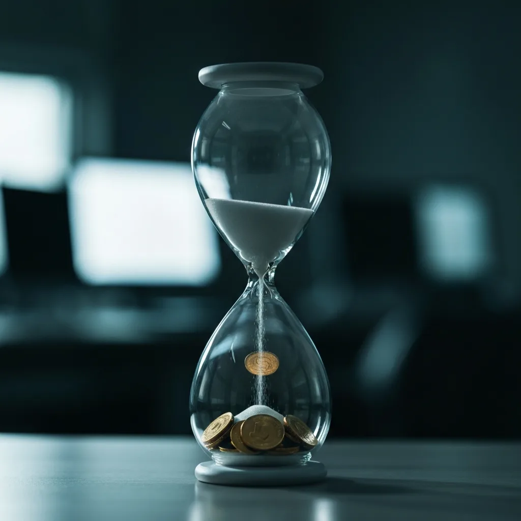 A conceptual visualization of time as currency. A sleek, modern glass hourglass where the falling white sand turns into shiny gold coins as it hits the bottom chamber. The background is a blurred, dark office environment to make the hourglass pop, macro photography style, highly detailed.
