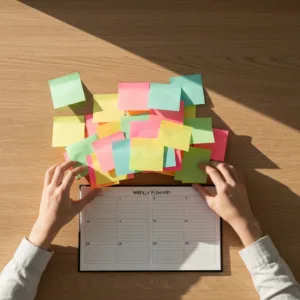 A minimalist, top-down view of a modern wooden desk. A person's hands are sweeping away dozens of messy, overlapping, brightly colored sticky notes, revealing a clean, blank weekly planner underneath. Natural sunlight casting soft shadows, high resolution, cinematic lighting.