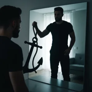 A conceptual, highly cinematic image showing a person standing in a brightly lit room looking into a mirror, but their reflection is a dark, solid silhouette holding a heavy anchor. Moody lighting, dramatic contrast, representing hidden psychological drivers and shadow values.