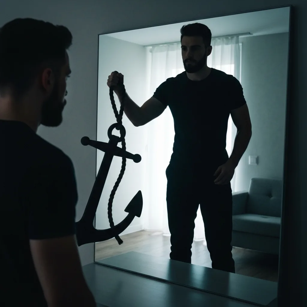 A conceptual, highly cinematic image showing a person standing in a brightly lit room looking into a mirror, but their reflection is a dark, solid silhouette holding a heavy anchor. Moody lighting, dramatic contrast, representing hidden psychological drivers and shadow values.