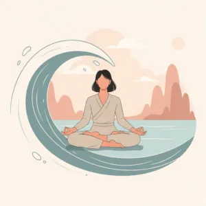 A serene, abstract digital illustration of a person sitting in a lotus meditation pose on a sturdy wooden surfboard, peacefully riding on top of a massive, stylized, glowing blue ocean wave. The wave represents intense emotions, but the person is calm and balanced. Minimalist, modern vector art style, soothing color palette of deep blues, teals, and warm gold.