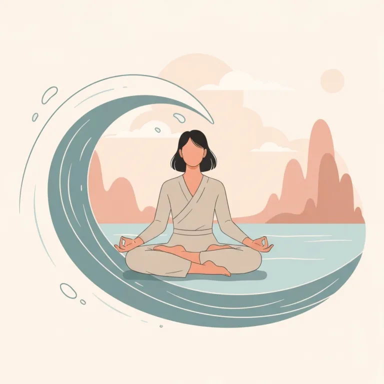A serene, abstract digital illustration of a person sitting in a lotus meditation pose on a sturdy wooden surfboard, peacefully riding on top of a massive, stylized, glowing blue ocean wave. The wave represents intense emotions, but the person is calm and balanced. Minimalist, modern vector art style, soothing color palette of deep blues, teals, and warm gold.