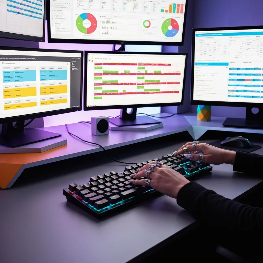 A dynamic, modern workspace featuring multiple monitors displaying various colorful charts, kanban boards, and schedules. A person's hands are visible typing energetically on a mechanical keyboard. Vibrant, energetic lighting with a slight cyberpunk aesthetic, representing horizontal planning and multitasking. High detail, photorealistic.