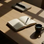 A top-down view of a minimalist, highly organized wooden desk. A single open notebook with a premium pen rests in the center, alongside a black cup of coffee. Soft, natural morning light casts long shadows across the wood grain. Atmospheric, cinematic, high resolution, portraying deep focus and vertical planning.