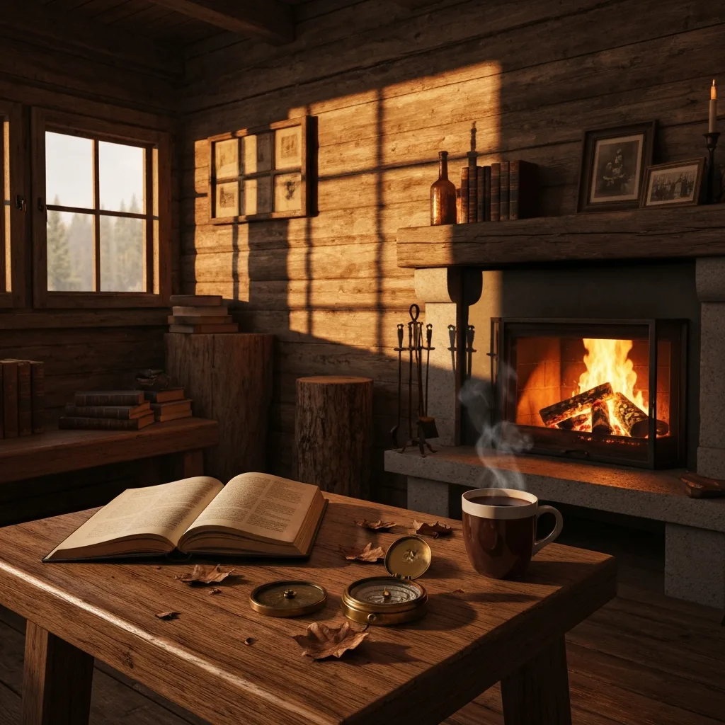 A cozy, rustic wooden cabin interior with a crackling fireplace. An open, weathered journal rests on a rough-hewn oak table next to a steaming mug of tea, a vintage compass, and scattered dried leaves. Warm, inviting lighting, highly detailed.