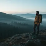 A solitary hiker standing on a rugged mountain ridge at dawn, looking out over a vast, mist-covered pine forest. The scene is rendered in a cinematic, moody, and atmospheric style, emphasizing the vastness of nature and the quiet solitude of the journey.