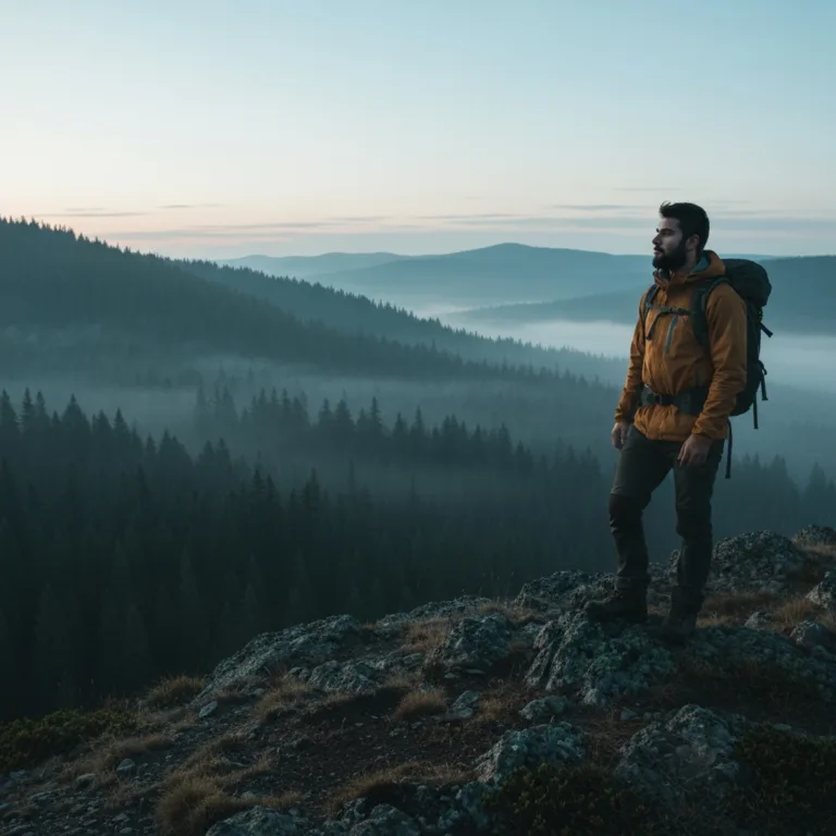 A solitary hiker standing on a rugged mountain ridge at dawn, looking out over a vast, mist-covered pine forest. The scene is rendered in a cinematic, moody, and atmospheric style, emphasizing the vastness of nature and the quiet solitude of the journey.