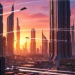 A hyper-realistic digital illustration of a futuristic African metropolis at sunset, blending advanced sci-fi architecture with traditional West African geometric patterns, flying vehicles leaving light trails, vibrant warm colors.