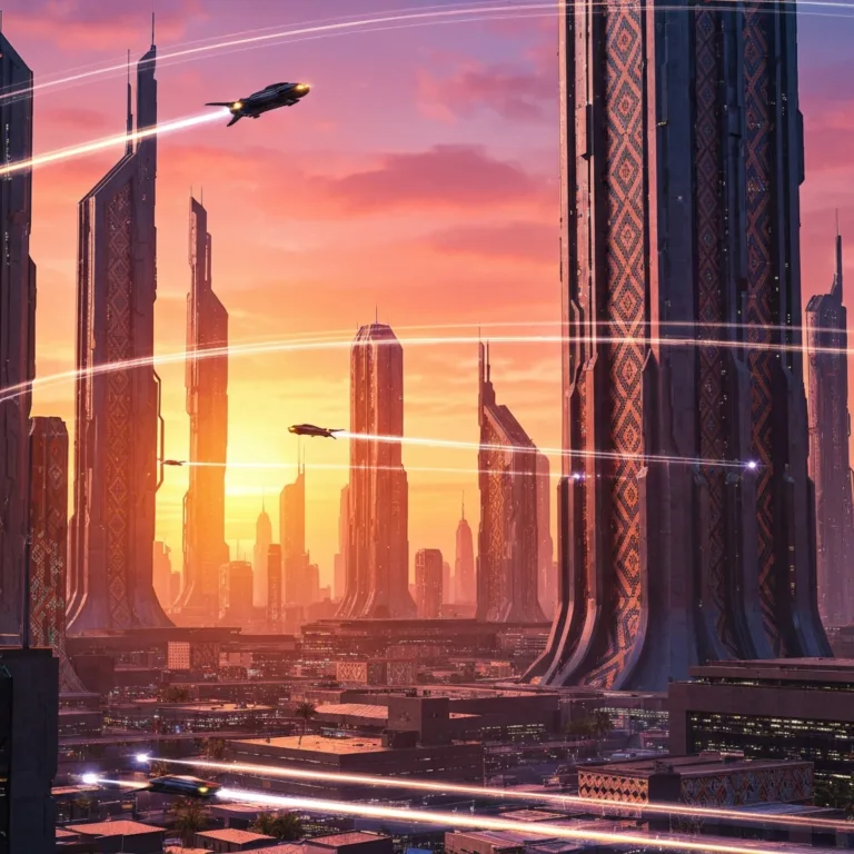 A hyper-realistic digital illustration of a futuristic African metropolis at sunset, blending advanced sci-fi architecture with traditional West African geometric patterns, flying vehicles leaving light trails, vibrant warm colors.