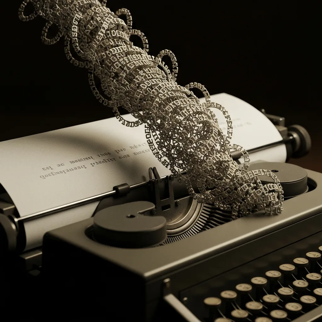 A vintage typewriter with paper feeding into it, but the typed words are physically lifting off the page and transforming into a complex 3D labyrinth. Cinematic lighting, deep shadows, literary aesthetic, evoking the complexity of postmodern storytelling.