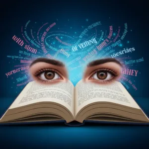 A surreal, visually striking illustration of a book reading itself. A pair of realistic human eyes looking out from the pages of an open hardcover book, surrounded by floating typography and fragmented sentences. High detail, moody lighting, conceptual art style.