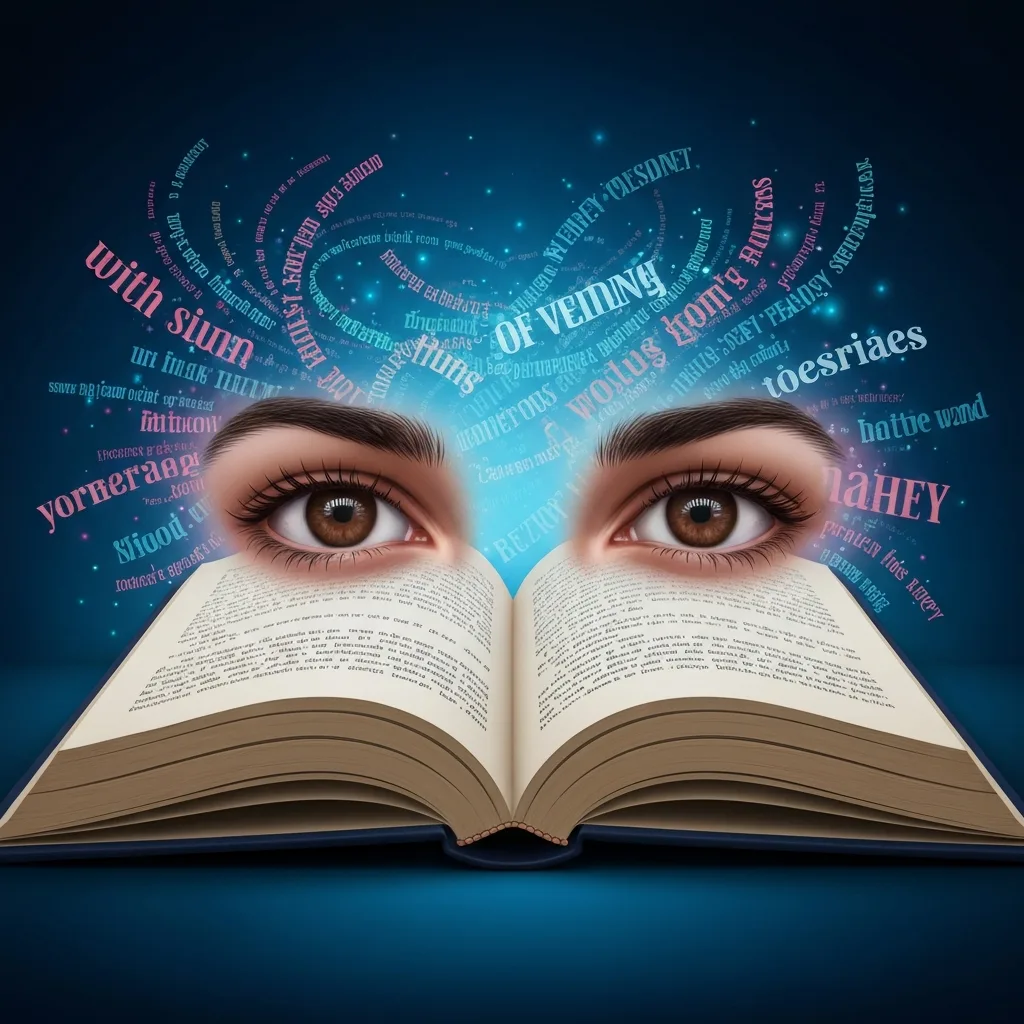 A surreal, visually striking illustration of a book reading itself. A pair of realistic human eyes looking out from the pages of an open hardcover book, surrounded by floating typography and fragmented sentences. High detail, moody lighting, conceptual art style.