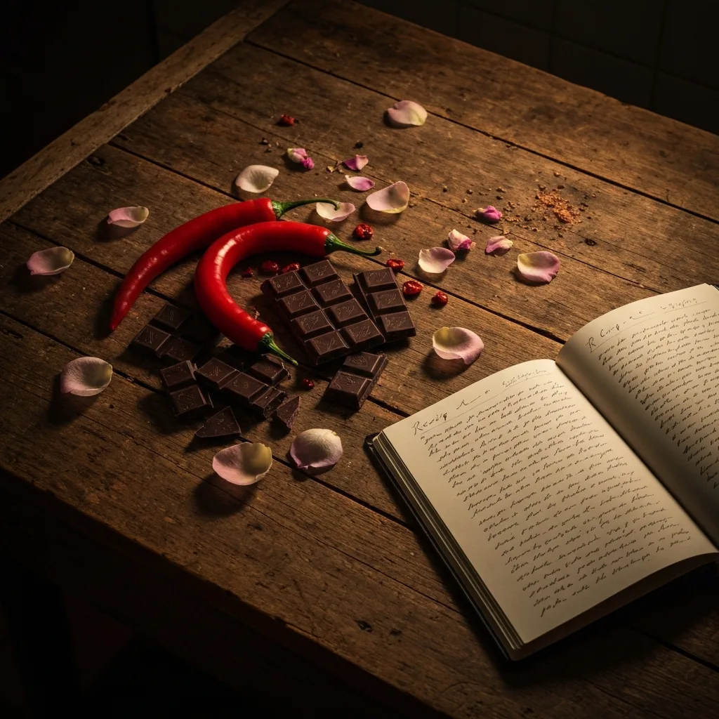 A rustic wooden kitchen table covered with an array of vibrant, magical ingredients like bright red chili peppers, dark chocolate shards, and rose petals, next to a handwritten recipe journal. Rich, moody lighting, cinematic and evocative.
