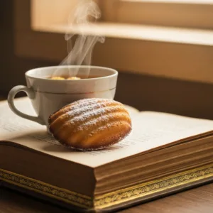 A steaming cup of tea and a petite, shell-shaped madeleine cake resting on an open, antique book with yellowed pages. Soft, warm lighting, macro photography, evoking a sense of nostalgia and classic literature.