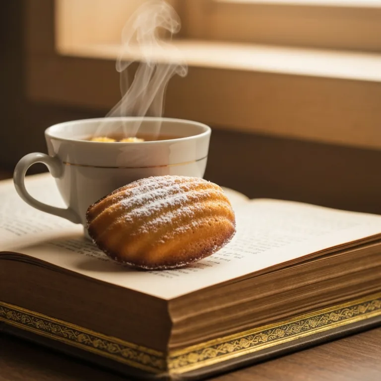A steaming cup of tea and a petite, shell-shaped madeleine cake resting on an open, antique book with yellowed pages. Soft, warm lighting, macro photography, evoking a sense of nostalgia and classic literature.