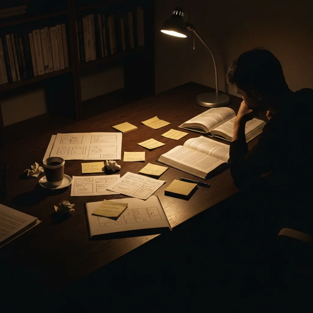 A top-down view of a chaotic but productive creative workspace. A dark wooden desk covered with scattered, half-sketched wireframes, crumpled sticky notes, a half-empty coffee cup, and open reference books. The lighting is moody, warm, and highly focused on the center of the desk, highlighting the messy reality of the creative process.