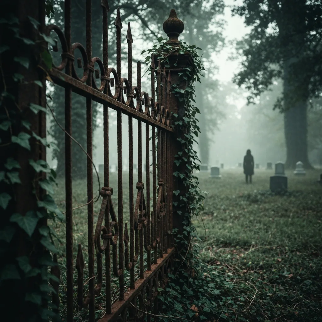 A close-up of a rusted, wrought-iron cemetery gate in the American South, overgrown with creeping ivy and kudzu, with a shadowy figure standing in the distant background, moody lighting.