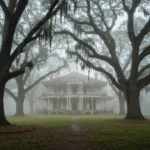 A decaying, antebellum plantation home surrounded by massive oak trees draped in thick Spanish moss, shrouded in a humid, dense morning fog, evocative and atmospheric, highly detailed.