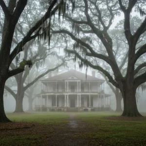 A decaying, antebellum plantation home surrounded by massive oak trees draped in thick Spanish moss, shrouded in a humid, dense morning fog, evocative and atmospheric, highly detailed.