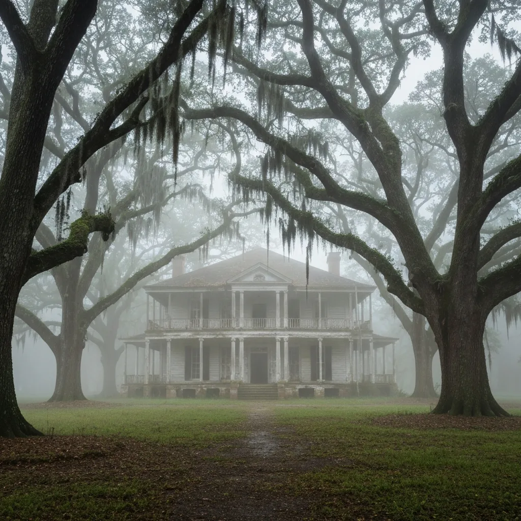 A decaying, antebellum plantation home surrounded by massive oak trees draped in thick Spanish moss, shrouded in a humid, dense morning fog, evocative and atmospheric, highly detailed.