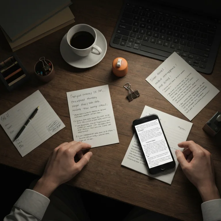 A top-down view of a messy, realistic workspace. A half-drunk cup of coffee, a smartphone with a text document open, and scattered handwritten notes on napkins. Cinematic lighting, capturing the concept of 'ugly progress' in a chaotic environment. High resolution, photorealistic.