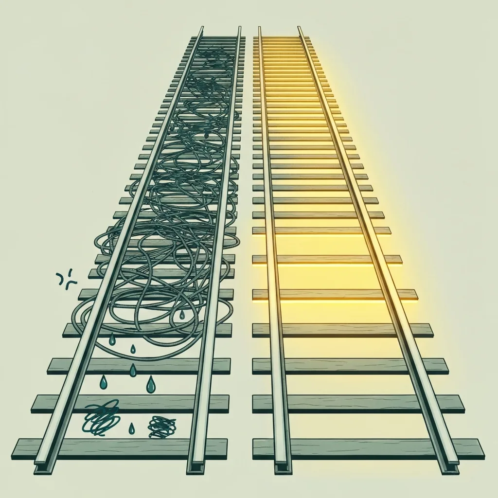 A minimalist, conceptual illustration showing a train track splitting into two. One track is wavy, chaotic, and tangled, labeled with abstract symbols of emotion, while the other is perfectly straight, solid, and illuminated, representing disciplined action. Clean lines, muted color palette, editorial style.