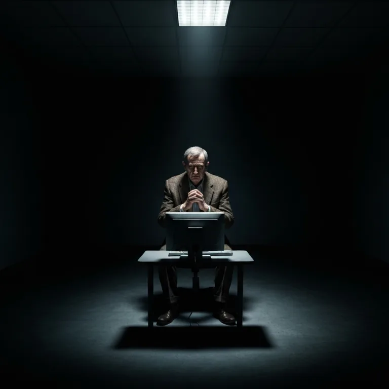 A cinematic, moody photograph of a person sitting at a dimly lit desk, looking calmly at a glowing computer screen. Beside them, a blurry, shadowy figure representing their internal emotional resistance is visible, but the person is entirely ignoring it, completely focused on the work. High contrast, photorealistic, psychological concept.