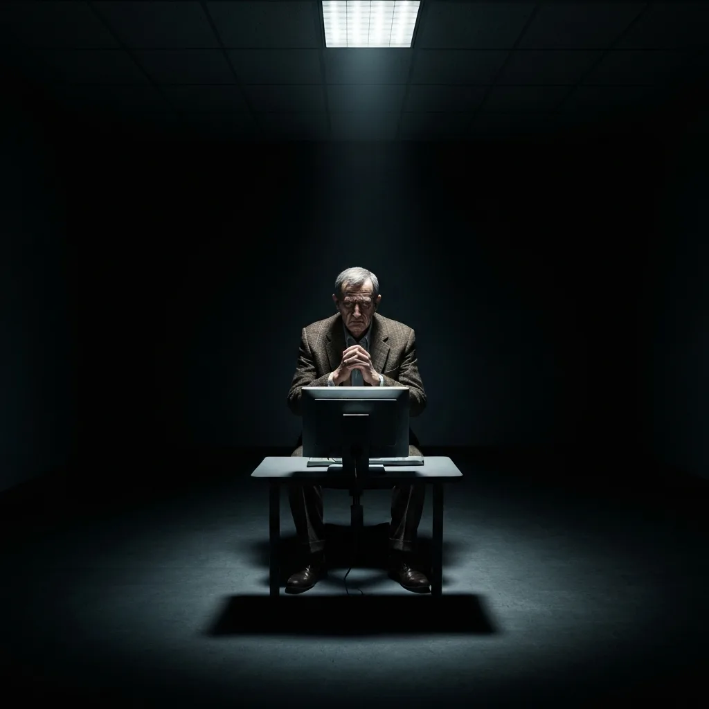 A cinematic, moody photograph of a person sitting at a dimly lit desk, looking calmly at a glowing computer screen. Beside them, a blurry, shadowy figure representing their internal emotional resistance is visible, but the person is entirely ignoring it, completely focused on the work. High contrast, photorealistic, psychological concept.