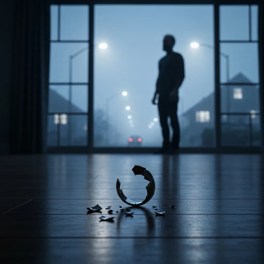 A hyper-realistic close-up of a shattered wedding ring resting on a dark hardwood floor. In the blurred background, the silhouette of a person standing by a large window looking out into a foggy suburban street. Cold color palette, suspenseful mood.