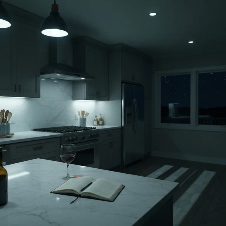 A dimly lit, modern suburban kitchen at night. A half-empty glass of red wine sits on a pristine marble countertop next to an open, worn diary. Shadows stretch across the floor, suggesting an unseen presence. Cinematic lighting, moody and tense atmosphere, photorealistic.