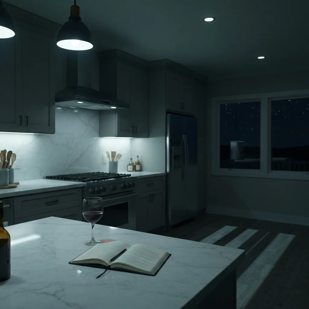 A dimly lit, modern suburban kitchen at night. A half-empty glass of red wine sits on a pristine marble countertop next to an open, worn diary. Shadows stretch across the floor, suggesting an unseen presence. Cinematic lighting, moody and tense atmosphere, photorealistic.