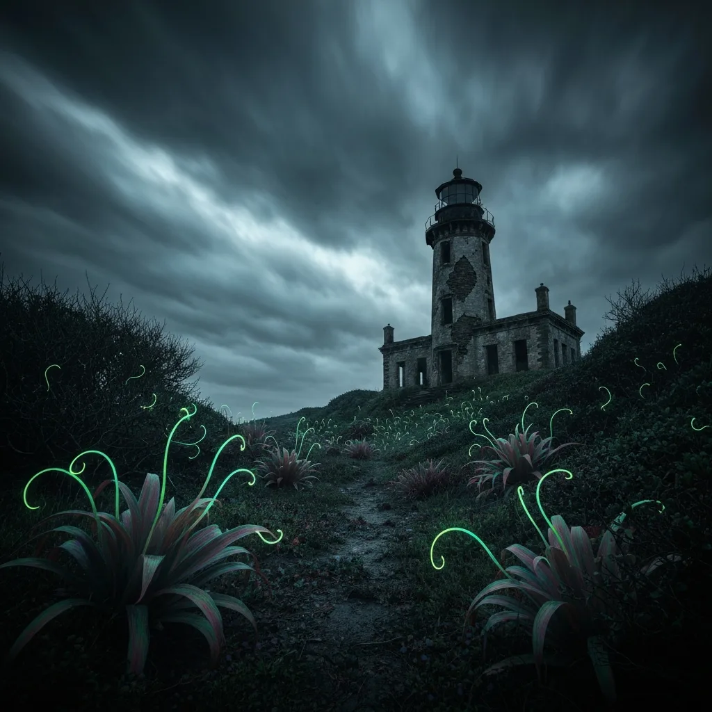 A mysterious, overgrown coastal landscape where nature has mutated, featuring strange, iridescent plant life and a decaying lighthouse in the distance, conveying ecological dread and the uncanny.