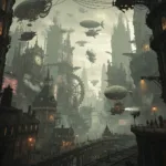 A sprawling, grimy, industrial fantasy city with impossible architecture, smog-filled skies, and bizarre airships, evoking a gritty, atmospheric steampunk and New Weird aesthetic.