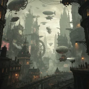 A sprawling, grimy, industrial fantasy city with impossible architecture, smog-filled skies, and bizarre airships, evoking a gritty, atmospheric steampunk and New Weird aesthetic.