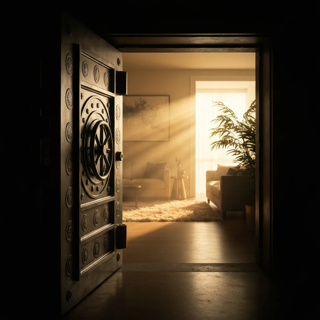 A visual metaphor for a 'Psychological Safe Room'. A heavy, metallic, soundproof vault door is slightly open, revealing a warm, sunlit, cozy study area inside with a wooden desk, a comfortable chair, and a steaming cup of coffee. The outside of the vault is chaotic, dark, and blurry with motion trails, representing the busy corporate world. Highly detailed, photorealistic.