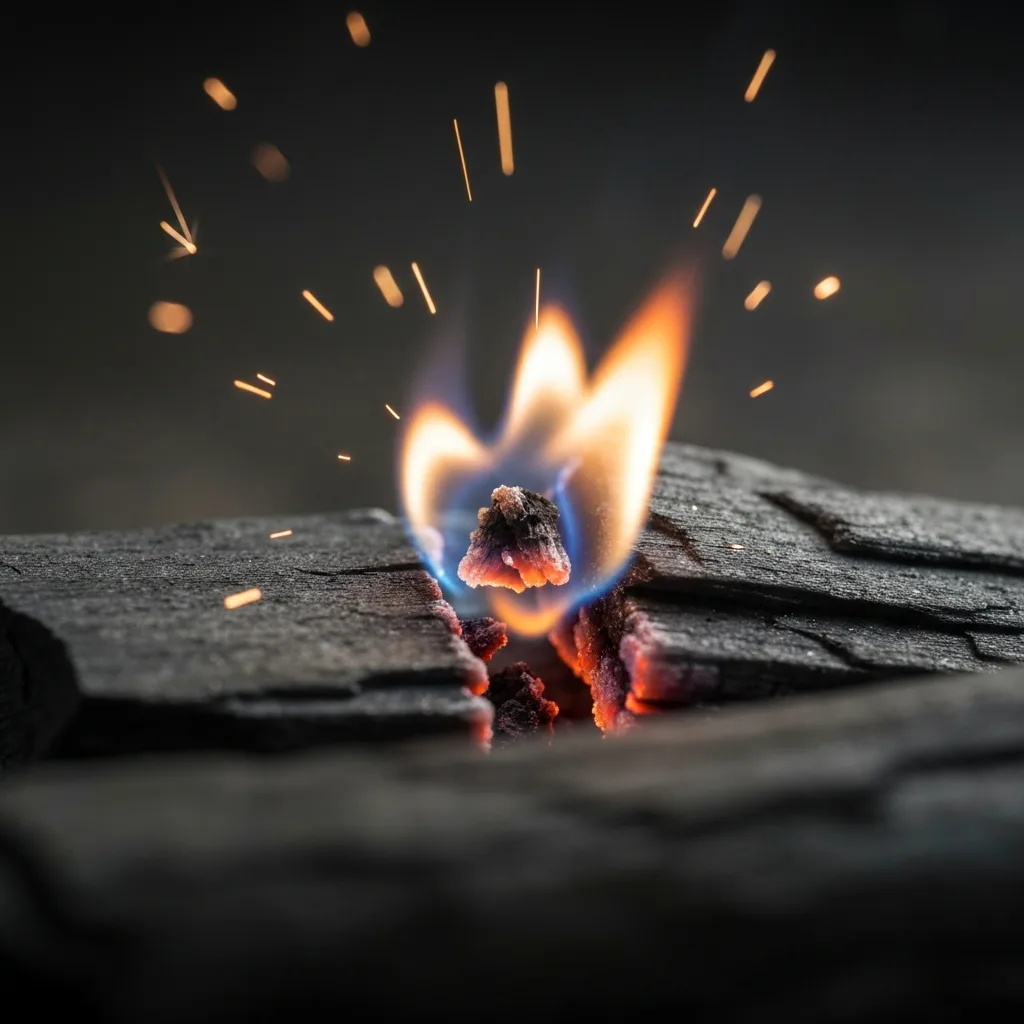 A conceptual macro shot of a bright spark igniting a cold, grey piece of charcoal, vibrant orange and blue flames just beginning to catch, representing the reignition of intrinsic drive and passion, sharp focus, 8k, highly detailed.