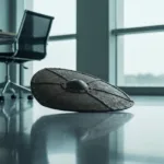 A cinematic, moody photograph of a heavy, rusted medieval shield lying abandoned on a sleek, modern office floor, soft natural light streaming through a nearby window, symbolizing the dropping of defensive apathy, high resolution, photorealistic.